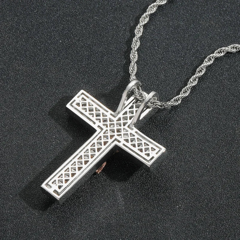 Iced Out Baguette Jesus Cross Pendant - White Gold Plated