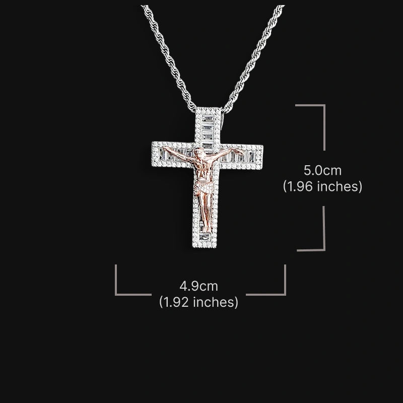 Iced Out Baguette Jesus Cross Pendant - White Gold Plated