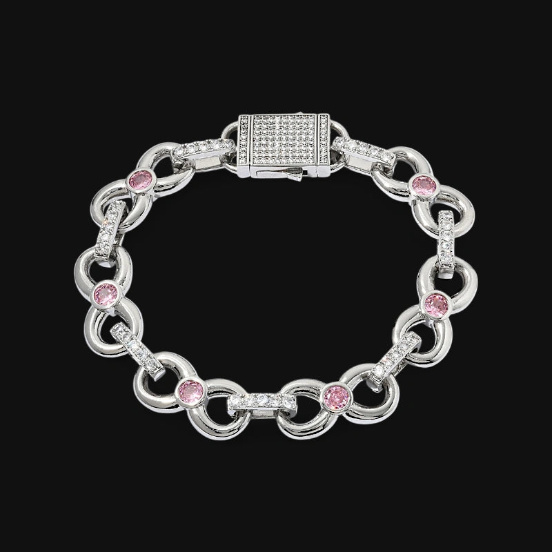 Iced Out Pink Gemstone Link armbånd - hvidguld belagt