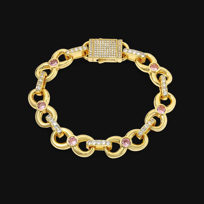Iced Out Pink Gemstone Link armbånd - hvidguld belagt