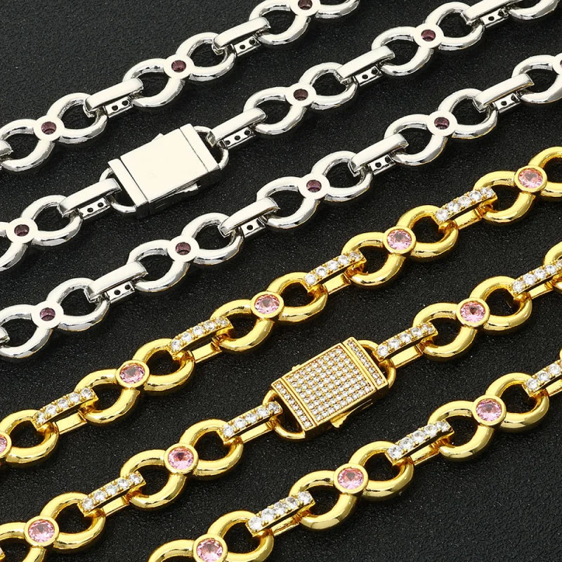 Iced Out Pink Gemstone Link armbånd - hvidguld belagt