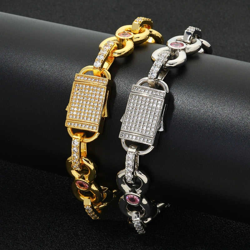Iced Out Pink Gemstone Link armbånd - hvidguld belagt