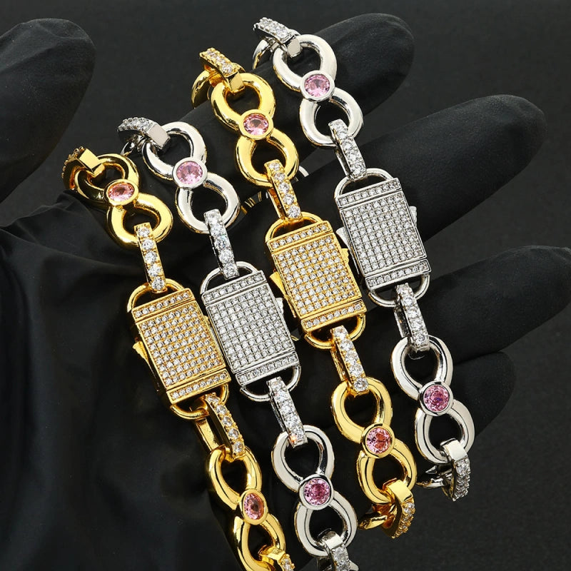 Iced Out Pink Gemstone Link armbånd - hvidguld belagt