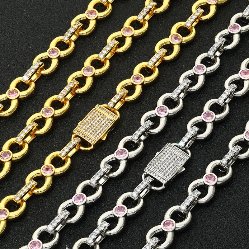 Iced Out Pink Gemstone Link armbånd - hvidguld belagt