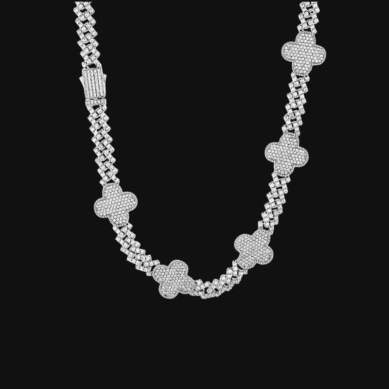 8mm Iced Out Four-Leaf Clover Chain – White Gold Plated