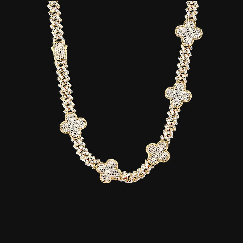 8mm Iced Out Four-Leaf Clover Chain – White Gold Plated