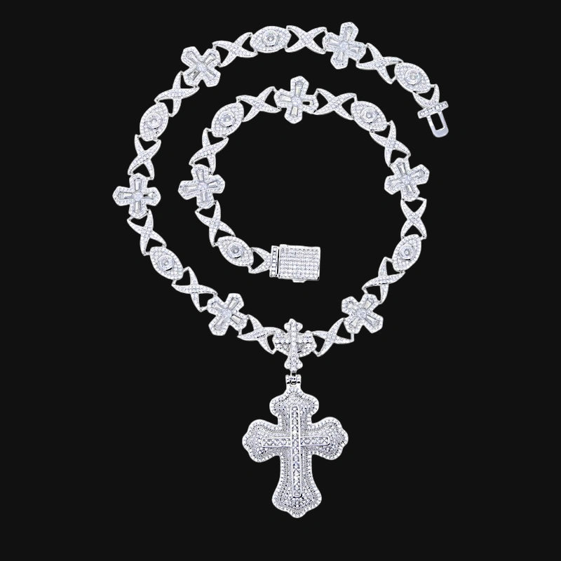 Iced Out Gothic Cross Necklace – White Gold Plated