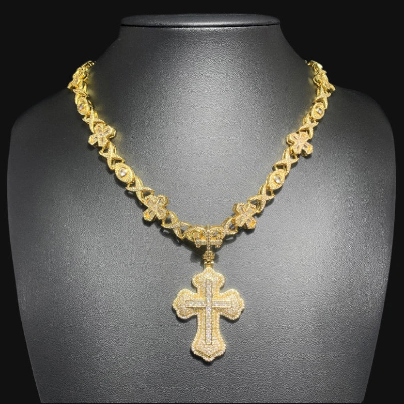 Iced Out Gothic Cross Necklace – White Gold Plated