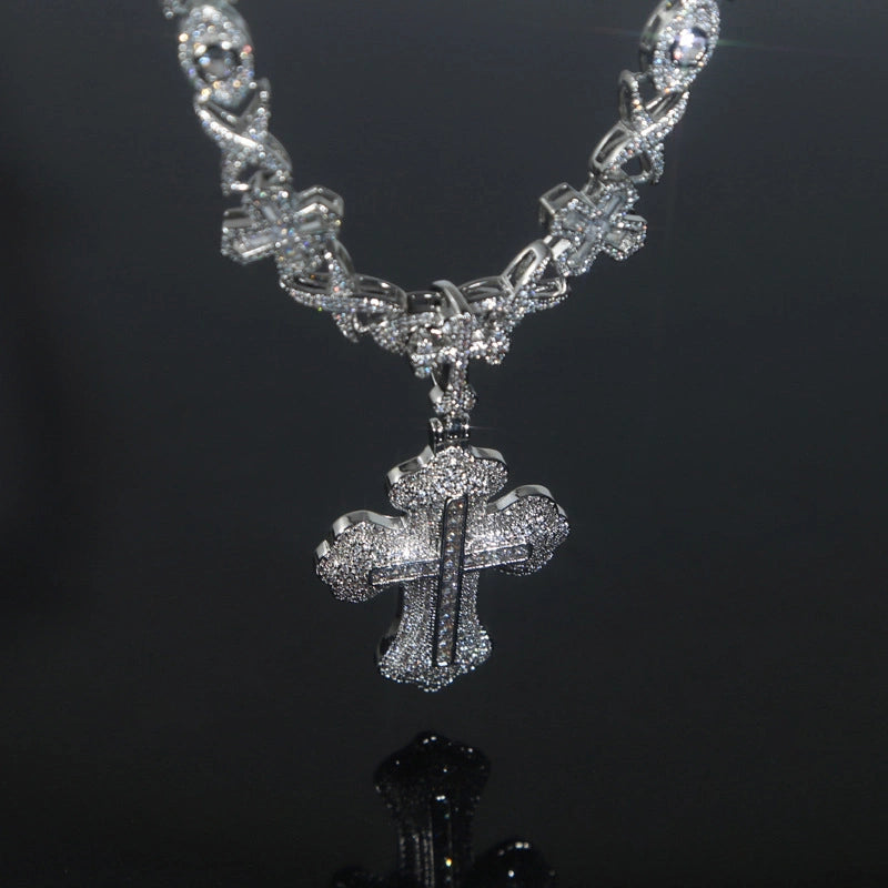 Iced Out Gothic Cross Necklace – White Gold Plated