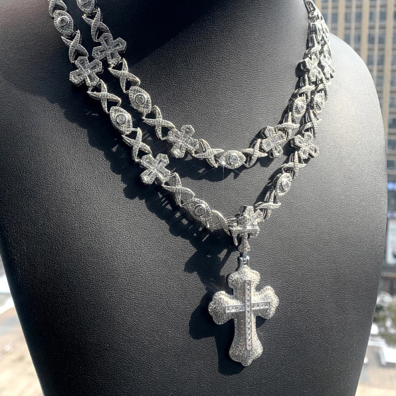 Iced Out Gothic Cross Necklace – White Gold Plated