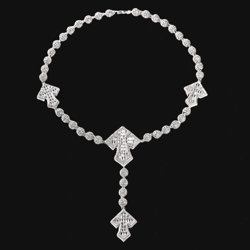 Iced Out Rosary Cross Necklace – White Gold Plated