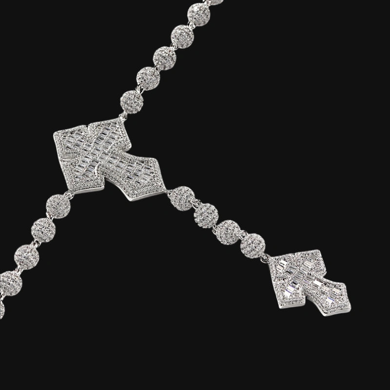 Iced Out Rosary Cross Necklace – White Gold Plated