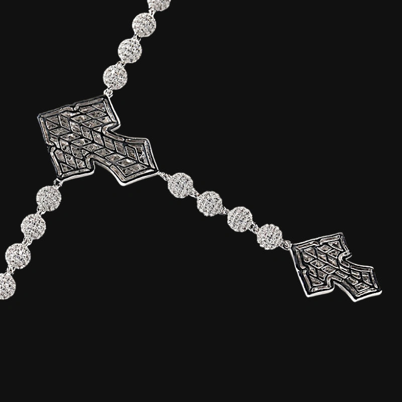 Iced Out Rosary Cross Necklace – White Gold Plated