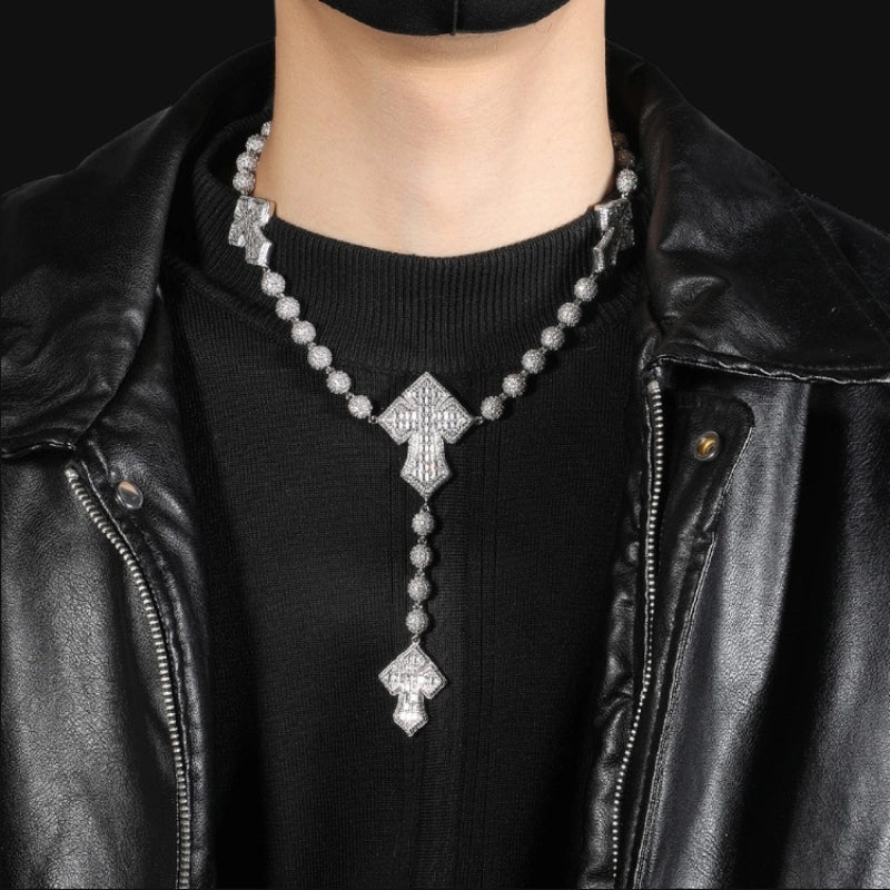 Iced Out Rosary Cross Necklace – White Gold Plated