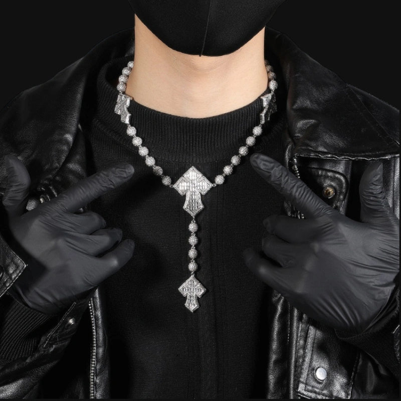 Iced Out Rosary Cross Necklace – White Gold Plated
