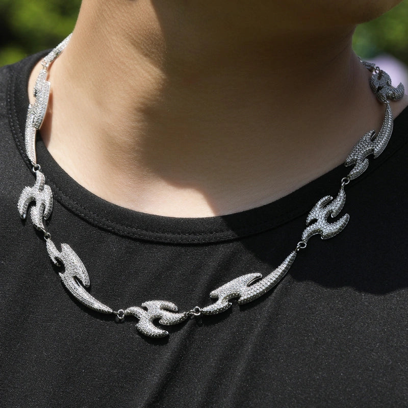 Iced Out Flame Link Chain – White Gold Plated