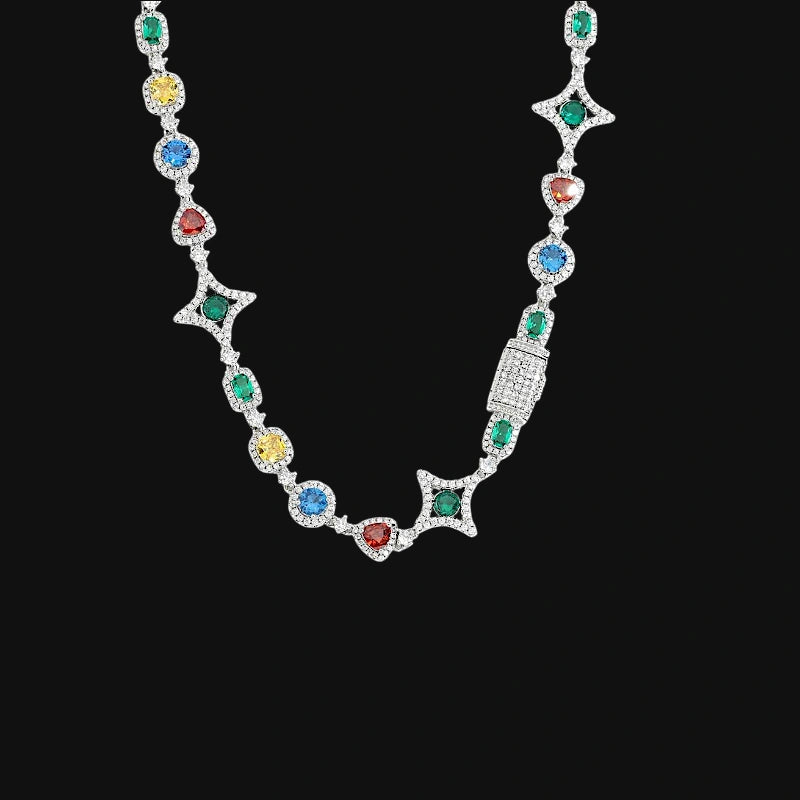 10 mm Iced Out Multicolor Gemstone Tennis Chain – Hvidguldbelagt