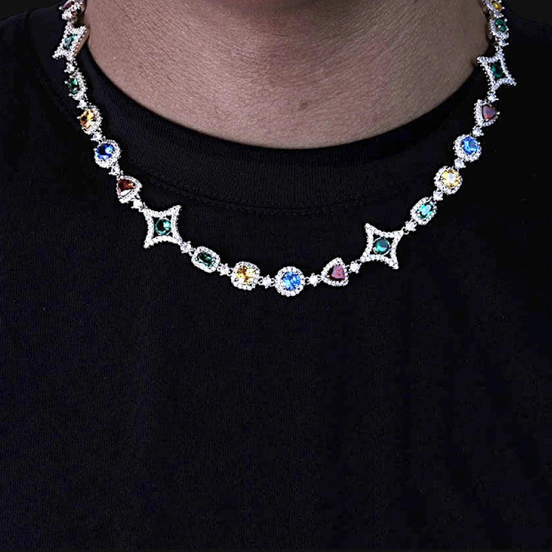 10 mm Iced Out Multicolor Gemstone Tennis Chain – Hvidguldbelagt