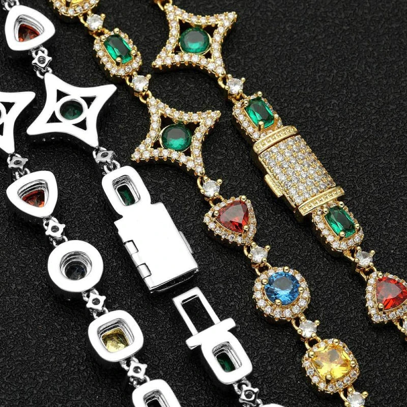 10 mm Iced Out Multicolor Gemstone Tennis Chain – Hvidguldbelagt