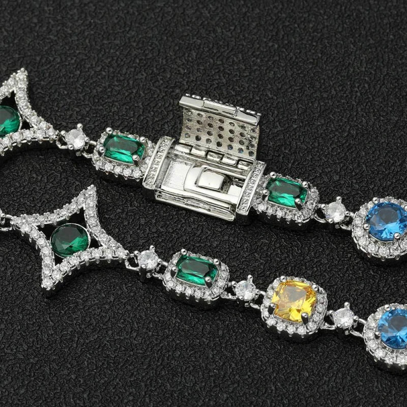 10 mm Iced Out Multicolor Gemstone Tennis Chain – Hvidguldbelagt