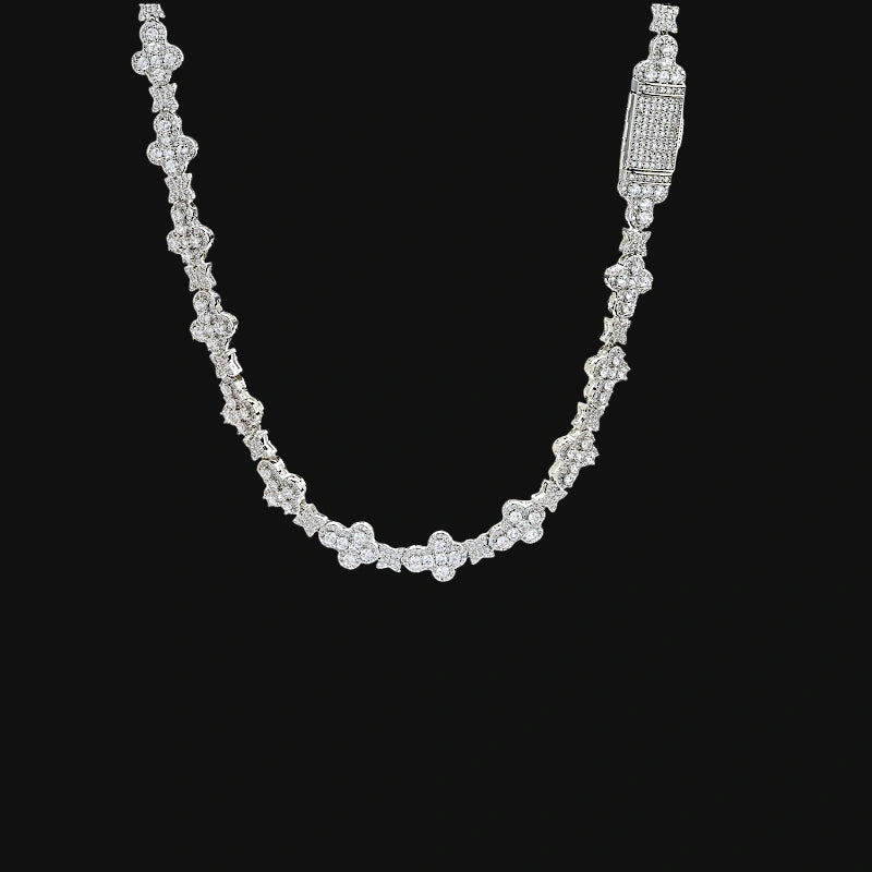 Chaîne croix étoile glacée 10 mm–Plaqué or blanc