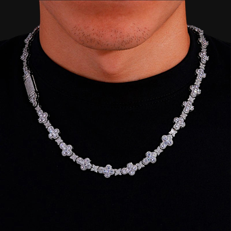 Chaîne croix étoile glacée 10 mm–Plaqué or blanc