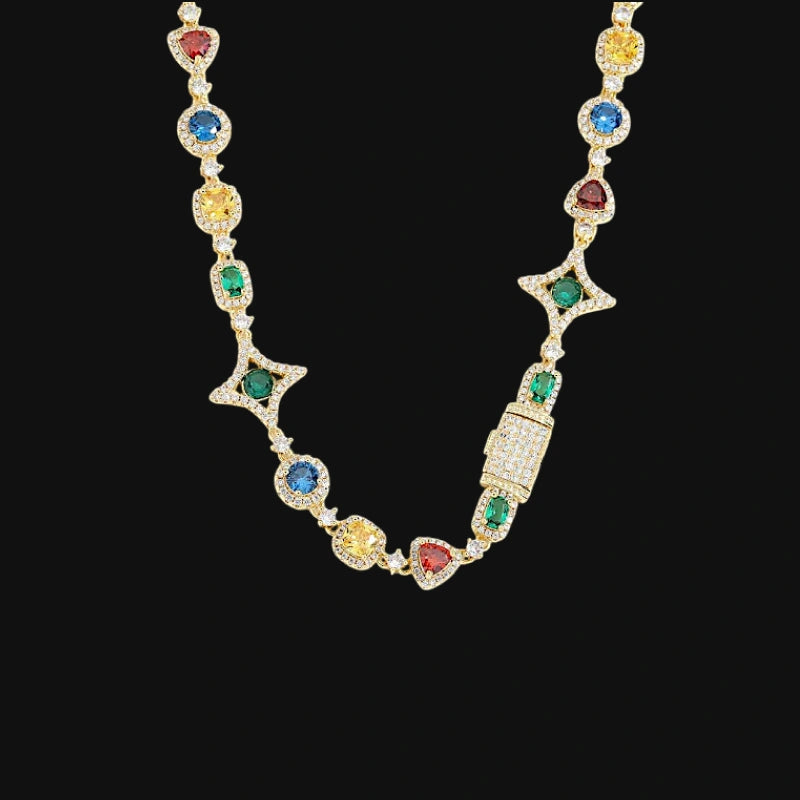 10 mm Iced Out Multicolor Gemstone Tennis Chain – Hvidguldbelagt