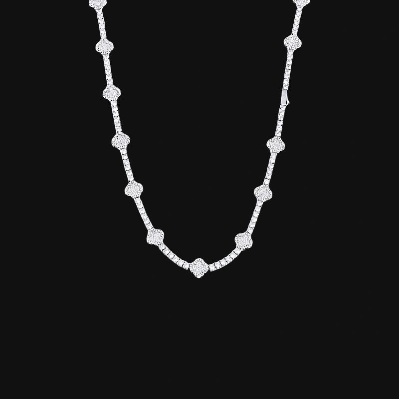 3.5mm Iced Out Clover Tennis Chain – White Gold Plated