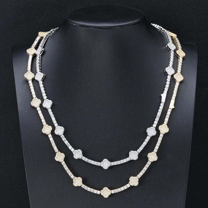3.5mm Iced Out Clover Tennis Chain – White Gold Plated