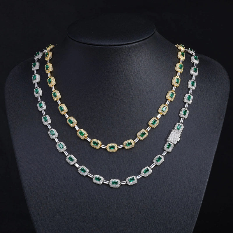7 mm Iced Out Smaragdschliff-Gliederkette – Weißgold plattiert