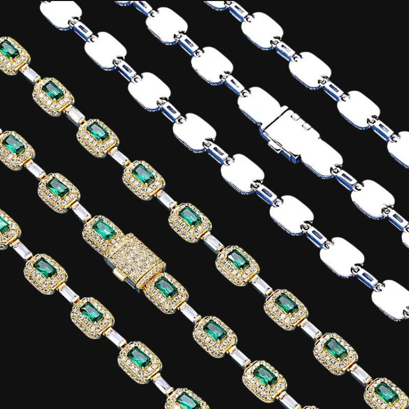 7 mm Iced Out Smaragdschliff-Gliederkette – Weißgold plattiert