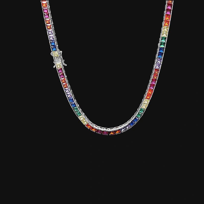4mm Iced Out Rainbow Baguette Tennis Chain – White Gold Plated
