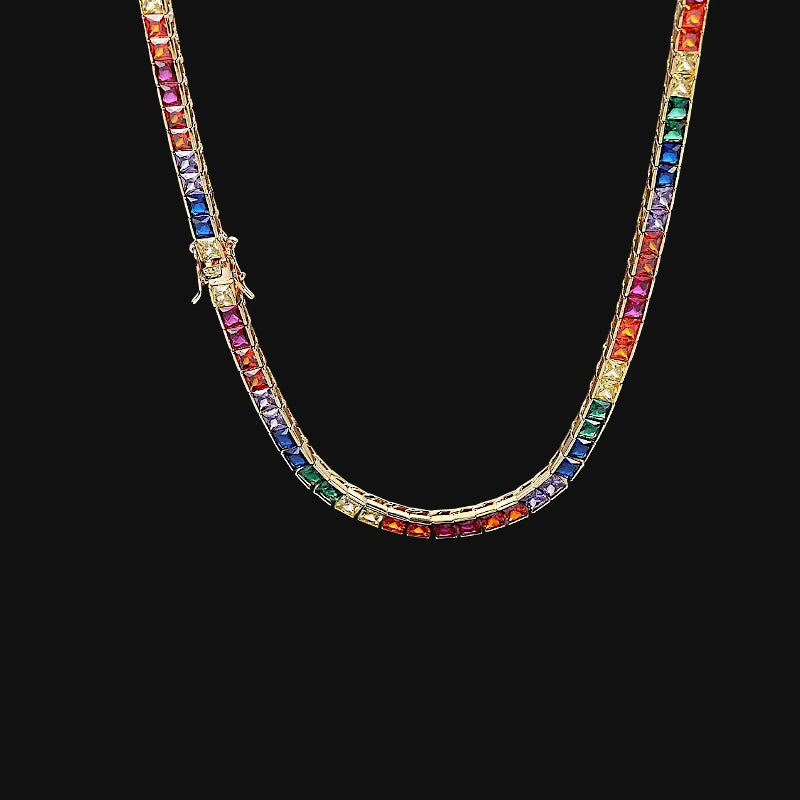 4mm Iced Out Rainbow Baguette Tennis Chain – White Gold Plated