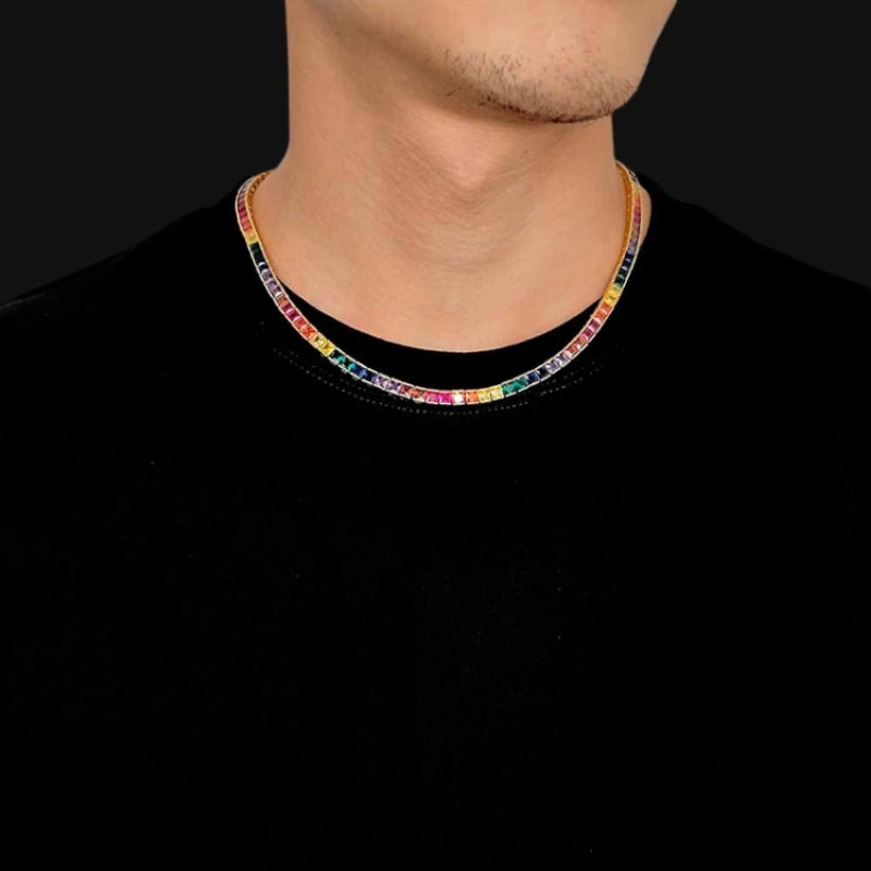 4mm Iced Out Rainbow Baguette Tennis Chain – White Gold Plated