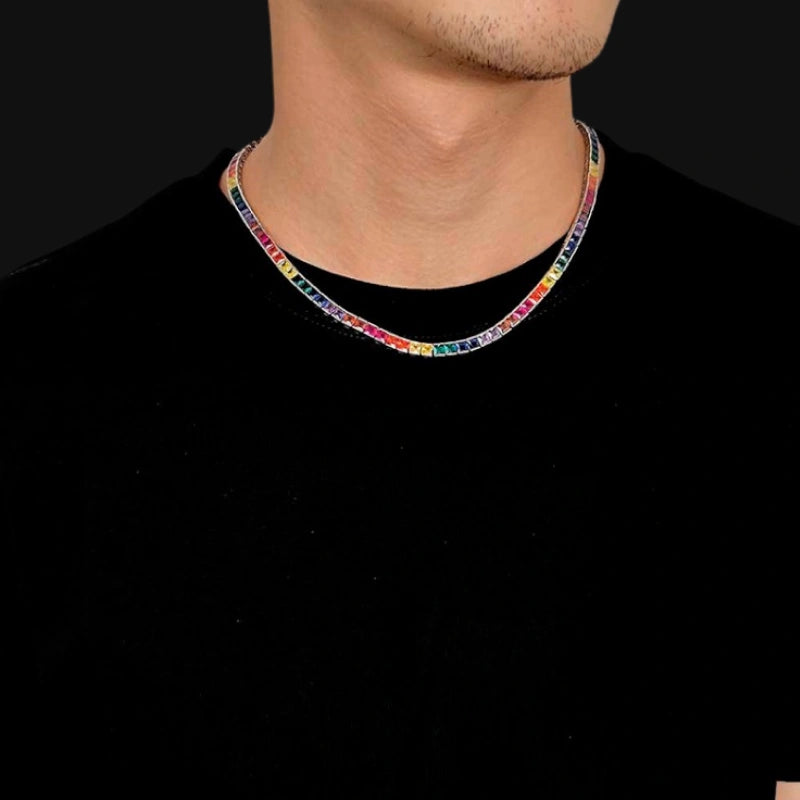 4mm Iced Out Rainbow Baguette Tennis Chain – White Gold Plated