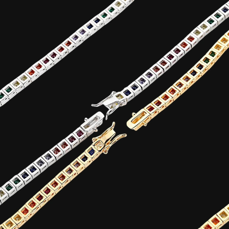 4mm Iced Out Rainbow Baguette Tennis Chain – White Gold Plated
