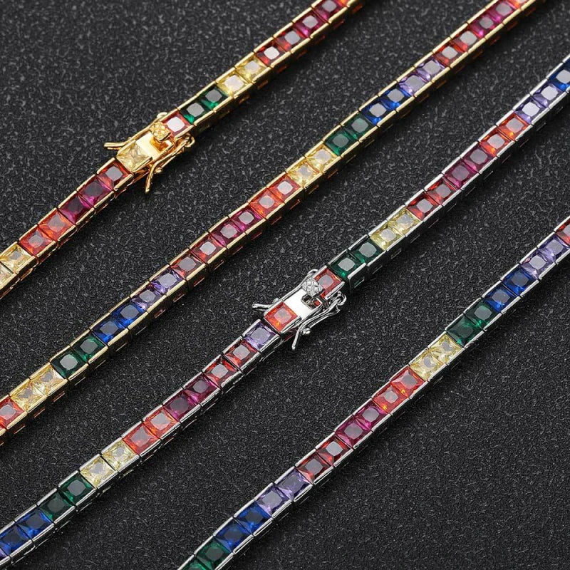 4mm Iced Out Rainbow Baguette Tennis Chain – White Gold Plated