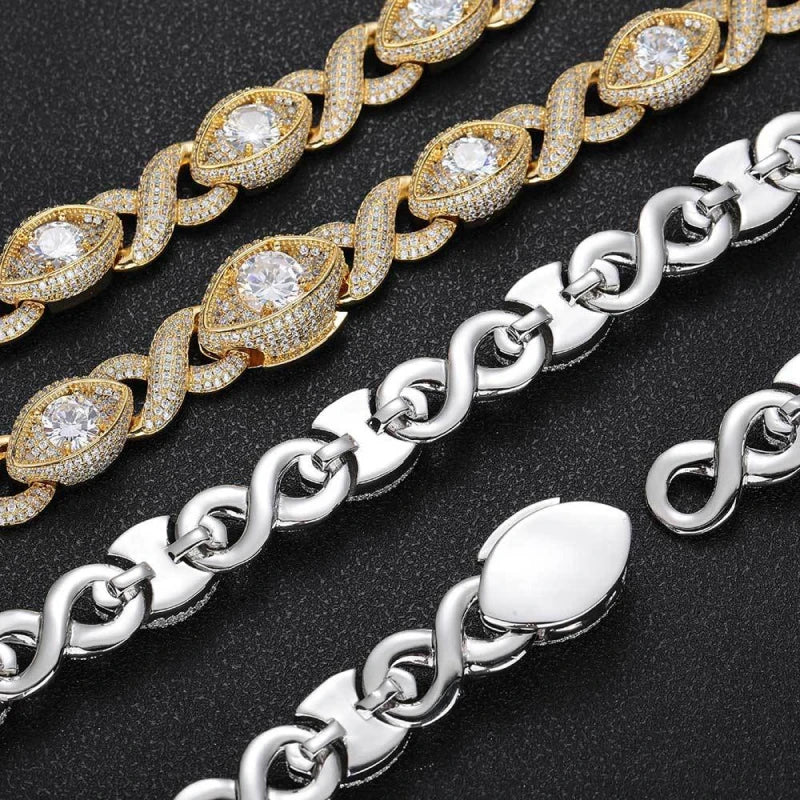 15mm Iced Out Evil Eye Link Chain – White Gold Plated