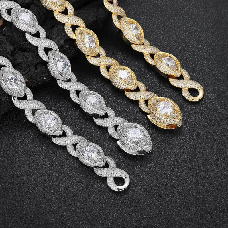 15mm Iced Out Evil Eye Link Chain – White Gold Plated