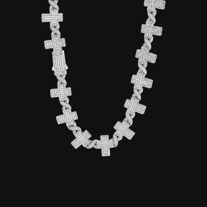 17mm Iced Out Cross Link Chain – White Gold Plated