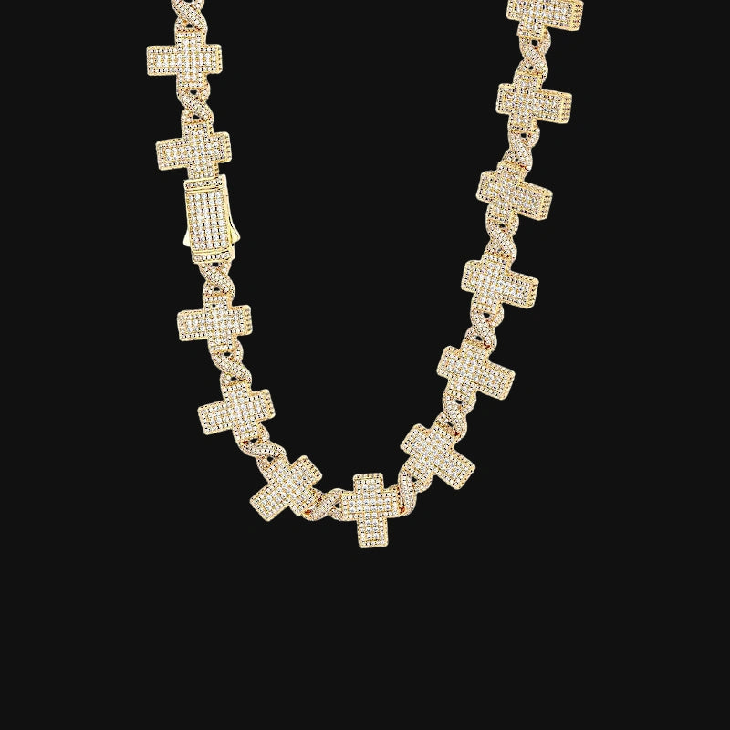 17mm Iced Out Cross Link Chain – White Gold Plated