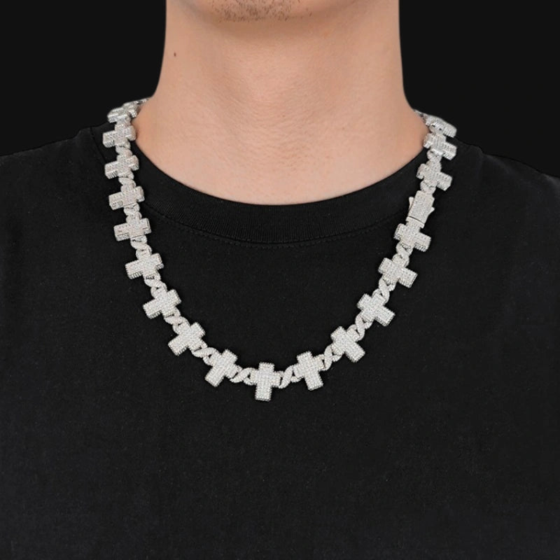 17mm Iced Out Cross Link Chain – White Gold Plated
