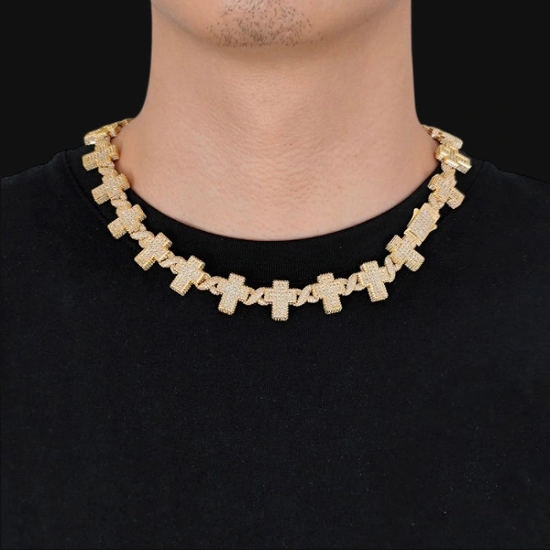17mm Iced Out Cross Link Chain – White Gold Plated