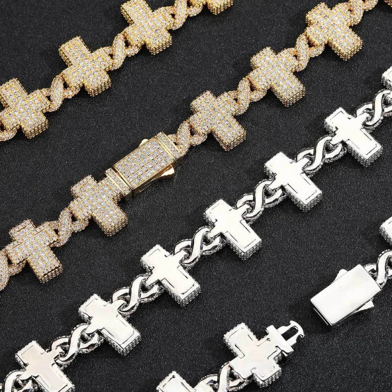 17mm Iced Out Cross Link Chain – White Gold Plated