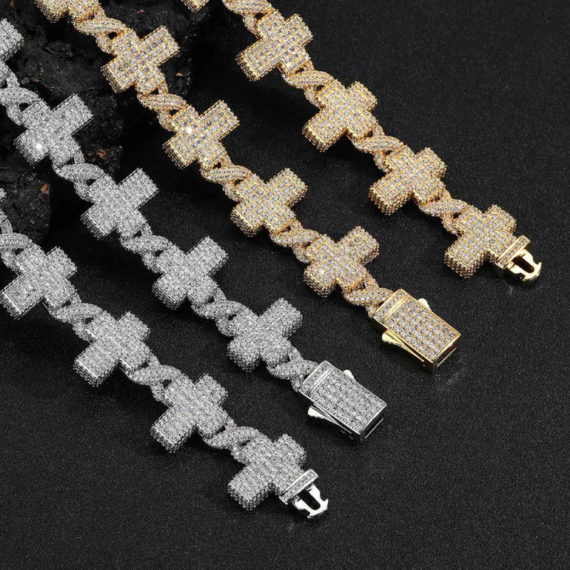 17mm Iced Out Cross Link Chain – White Gold Plated