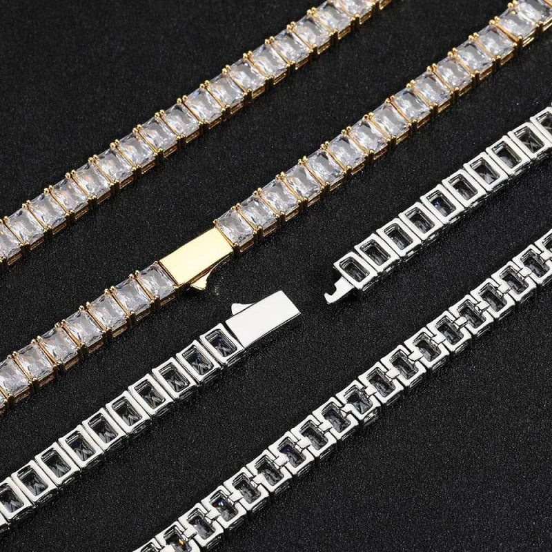 6mm Iced Out Baguette cut Tennis Chain – White Gold Plated