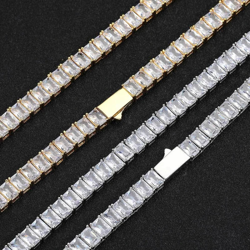 6mm Iced Out Baguette cut Tennis Chain – White Gold Plated