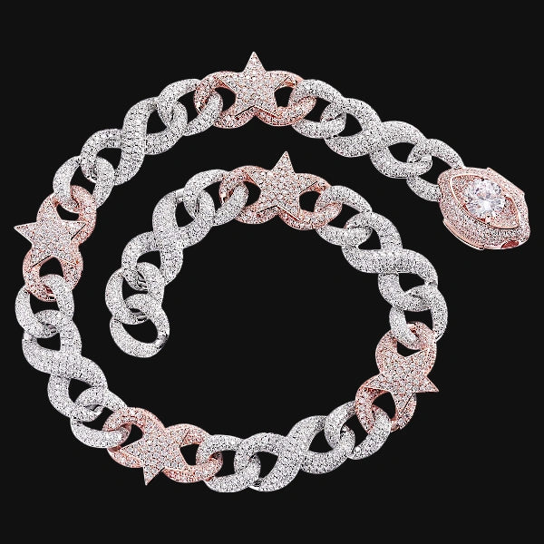Iced Out Stern & Glieder Kubanische Kette – Weißgold plattiert