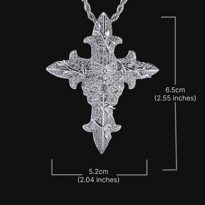 Pendentif croix tête de mort glacé–Plaqué or blanc