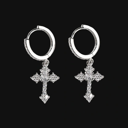 Iced Cross Drop Earrings – S925 White Gold Plated